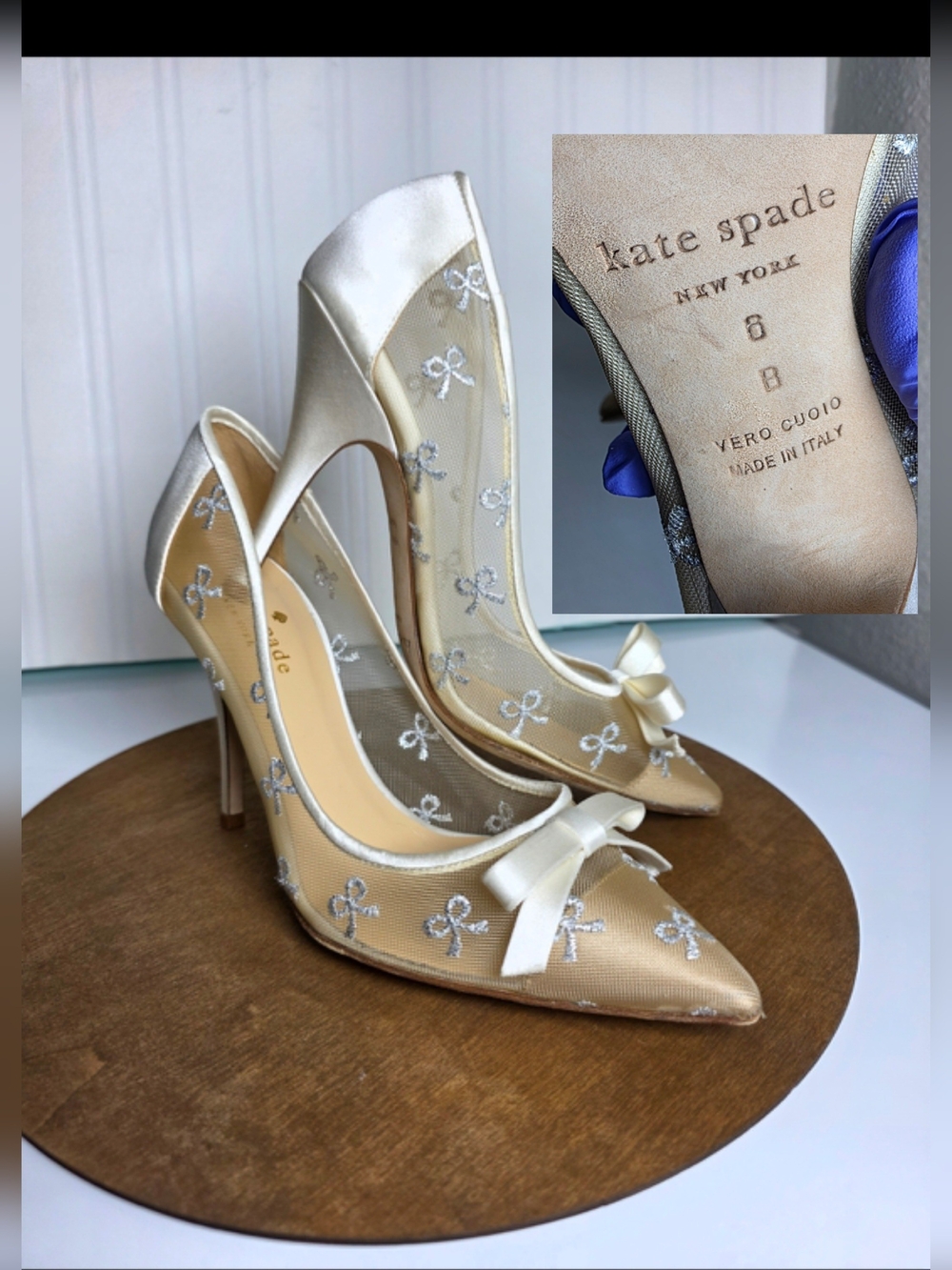 kate spade Lisa Wedding Ivory Satin & Silver Bow Mesh Pointed-Toe Heels Sz 6 - Picture 1 of 9
